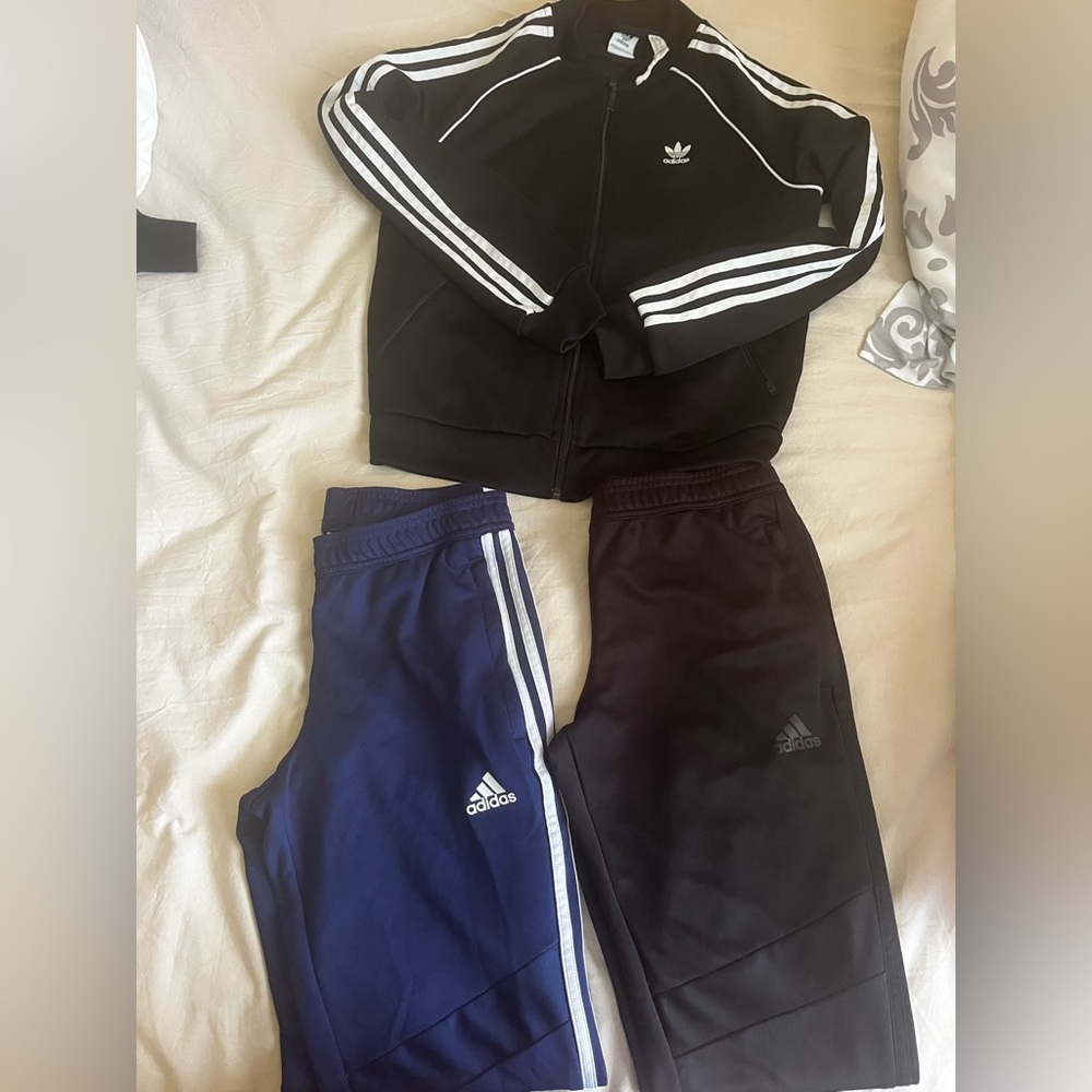 Adidas Black Jacket, Black & Navy Three-Stripe Joggers womens (small)